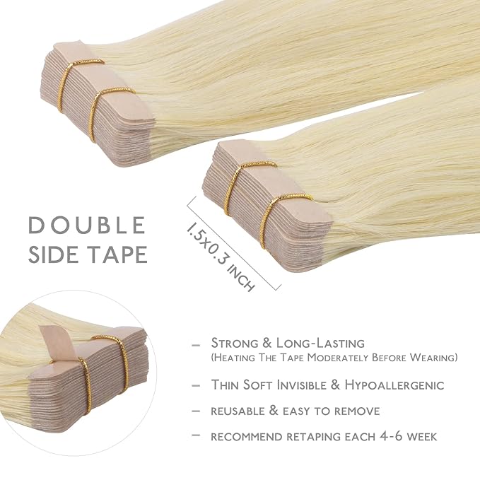 WENNALIFE Tape in Hair Extensions Human Hair, 20pcs 60g 26 inch Bleach Blonde Remy Hair Extensions Straight Human Hair Tape in Extensions Tape Ins Straight Extensiones De Cabello Humano Skin Weft