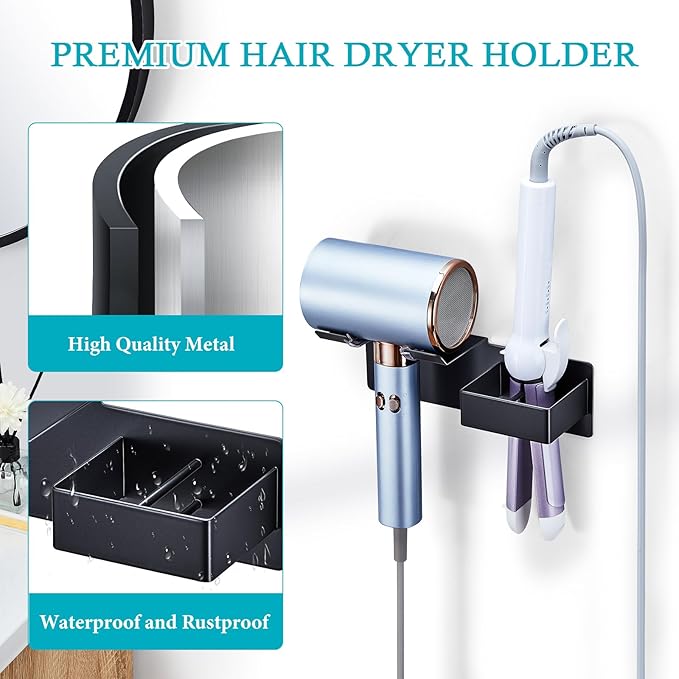 Hair Dryer Holder, Hair Straightener Holder Wall Mount, Hair Tool Organizer, Hairdryer and Straightener Holders, Adhesive Hair Tool Storage for Blow Dryer, Curling Iron, Flat Iron Stand (Black)