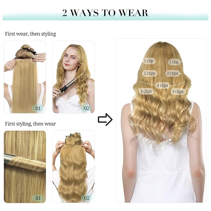 DOORES Clip in Human Hair Extensions, Dirty Blonde 12 Inch 7pcs 80g, Thick Silky Straight Hair