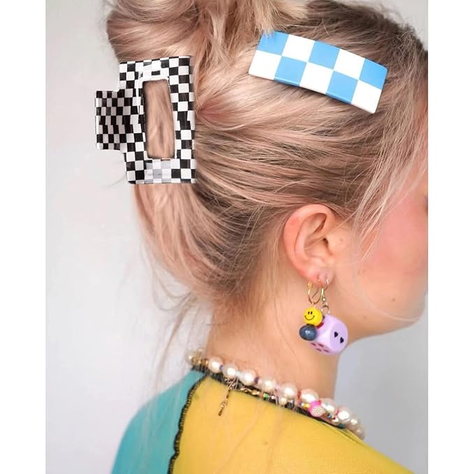 Checkered Hair Claw Clips - 4 PCS, 2 for Thin Hair, 2 for Thick Hair, Cute Clips for Women