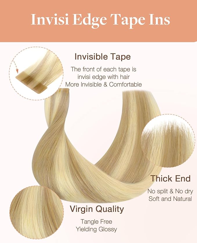 GOO GOO Invisi Edge Tape in Hair Extensions Human Hair, 16/22 Light Blonde Highlighted Golden Blonde, 10pcs 16inch 25g, Virgin Remy Hair, Seamless Injected Tape, Natural Look