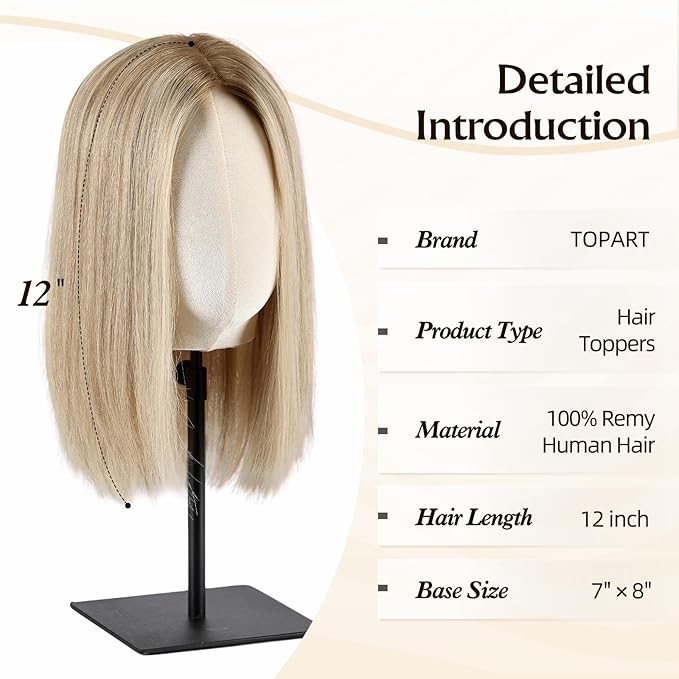 MONO TOP Hair Toppers for Women Human Hair 12 Inch 7"×8" Big Base Partial wig Cover Thinning Hair or Loss No Bangs Top Hair Pieces Natural Wiglets (Blonde Mixed)