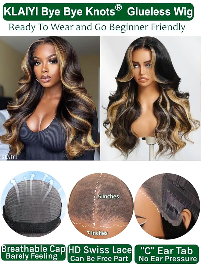 KLAIYI Ombre Highlight Blonde Loose Body Wave Bye Bye Knots Glueless Wigs Human Hair 7x5 Precut Lace Front Pre Plucked Bleached Ready to Wear Go Wig with Face Framing Curtain Bang Caramel Brown 24Inch
