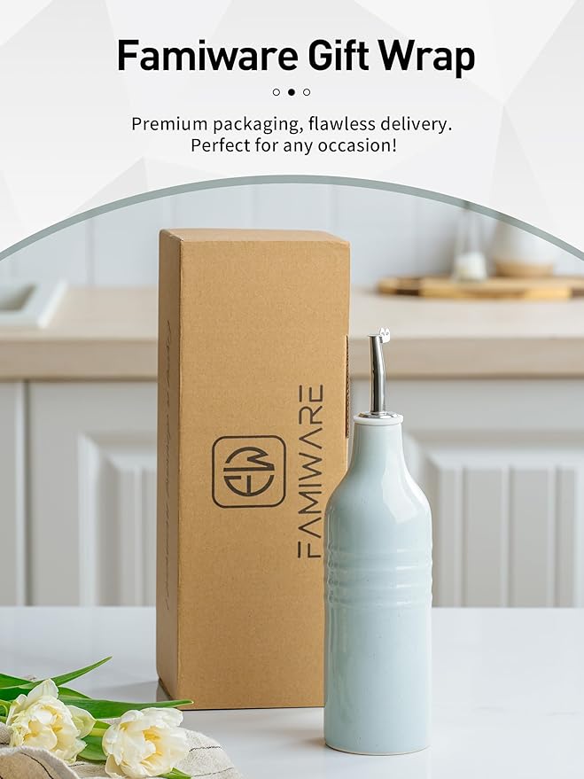 famiware Jupiter 16oz Ceramic Olive Oil Dispenser Bottle, 1 Piece Oil Dispenser for Kitchen with Stainless Steel Pourers, Suitable for Storage Vinegar, Soy Sauce, Coffee Syrup, Light Blue