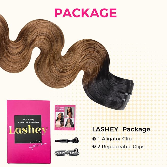 Lashey Seamless Clip in Hair Extensions Human Hair 150g 9pcs 22 Inch Body Wave Ombre Natural Black to Medium Auburn Clip in Hair Extensions for Women Real Human Hair Extensions