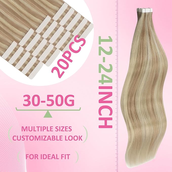 YoungSee Blonde Tape in Human Hair Extensions Long Hair Extensions Real Human Hair Tape-in Invisible Tape ins Hair Extensions for Women 24 Inch 20pcs 50g Tapes Extensions Straight Hair