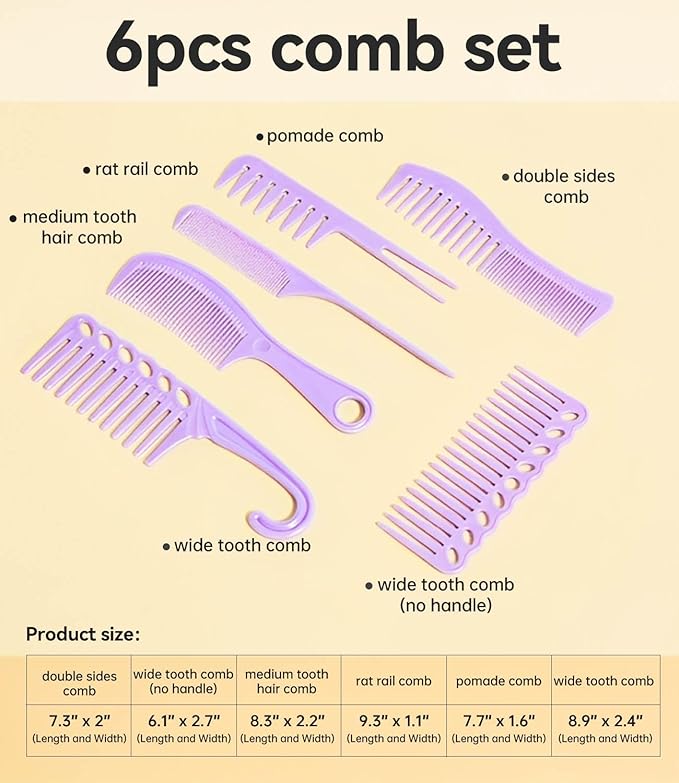 6PCS Professional Hair Comb Set for Women & Men Rat Tail, Wide & Fine Tooth Combs for Curly Hair, Braiding, Barber Styling, Cutting & Parting (Purple)