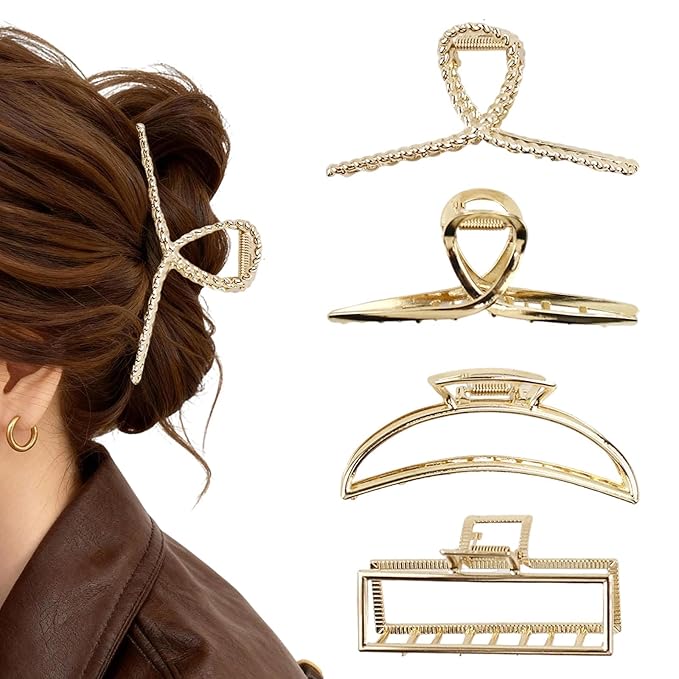4 Pcs Large Metal Hair Claw Clips for Women, Non-slip Claw Clips with Strong Hold Jaw, Fashion Accessories for Thin Thick Long Curly Hair (Gold1)