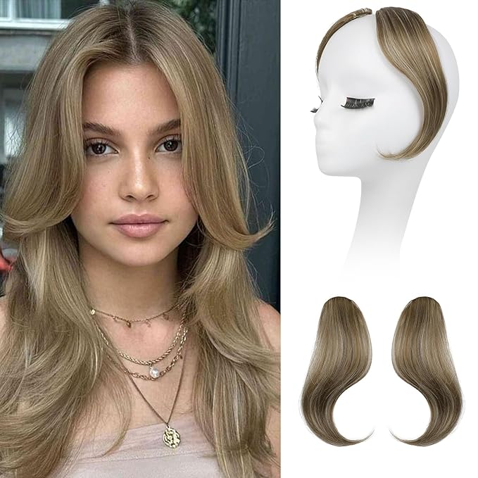 REECHO Bangs Hair Clip in Bangs, 2 PCS Face-Framing Classic Curtain Bangs Fringe Fake Bangs Hairpieces for Women Daily Wear - Ash Brown with Highlights