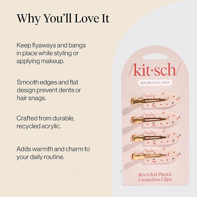 Kitsch Creaseless Hair Clips for Women - No Crease, No Bend Hair Clips for Styling, Bangs, Makeup Application, Face Wash - Recycled Acrylic - Cherry Print | Ideal Gifts for Women, 4pcs