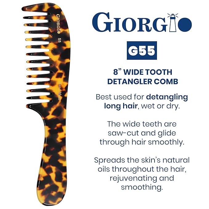 Giorgio G55 Wide Tooth Detangling Comb for Wet Hair, Handmade Large Tooth Rake Comb for Women with Thin to Medium Thickness Hair (8")