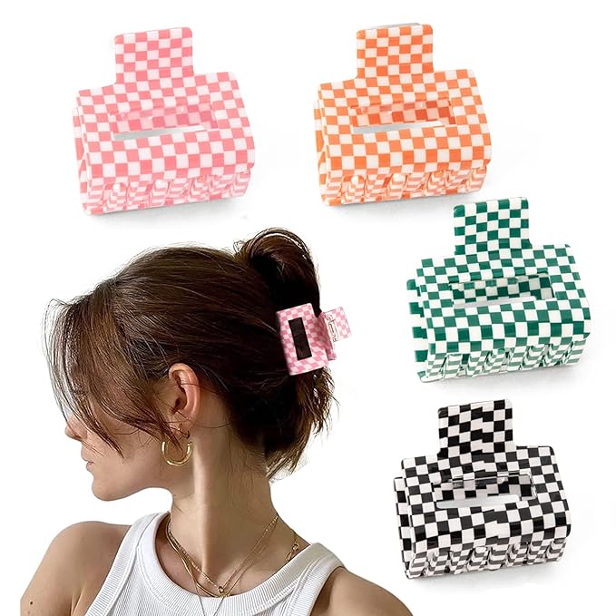 Checkered Hair Claw Clips - 4 PCS, 2 for Thin Hair, 2 for Thick Hair, Cute Clips for Women