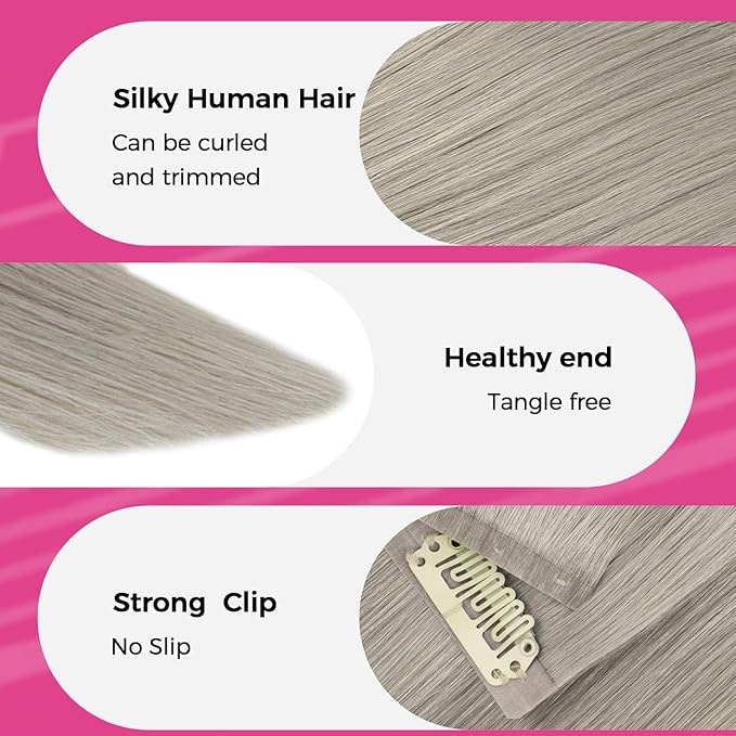 Lashey Seamless Clip in Hair Extensions Human Hair 4pcs 48g Grey Straight Hair Extensions Clip ins for Black Women 20 Inch Long
