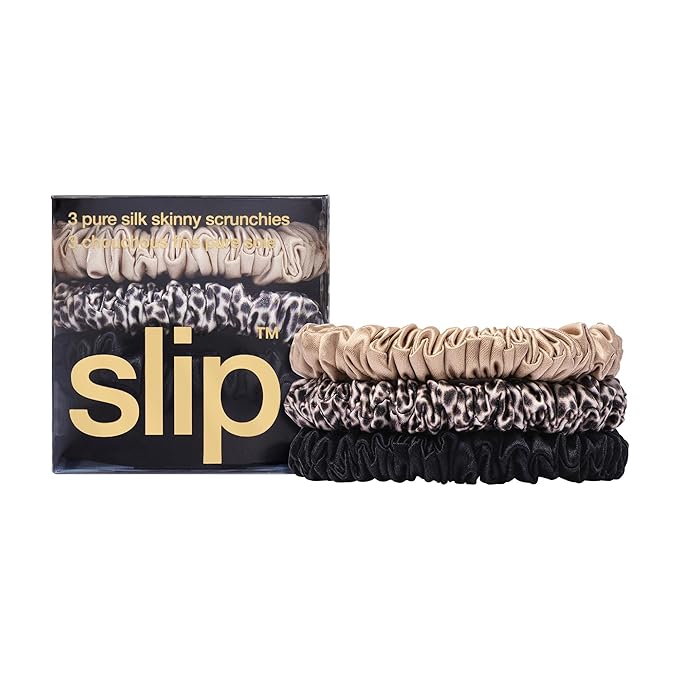 SLIP Skinny Scrunchies: Elevate Your Hair Game with Anti-Crease, Anti-Breakage Design,Crafted from Slipsilk™, Fierce: 3 Pure Silk Skinny Scrunchies in Black, Caramel & Leopard