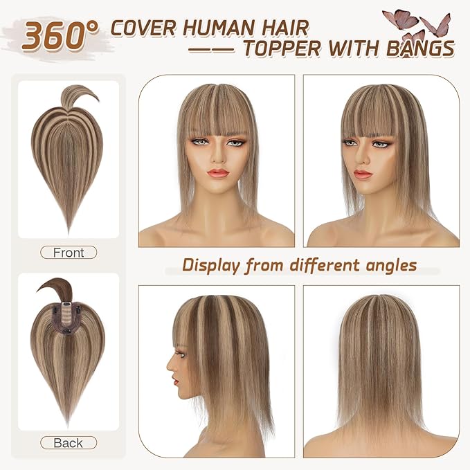 Rich Choices Real Human Hair Toppers for Women With Bang 100% Remy Human Hair Topper for Thinning Hair Clip in Silk Base Hair Topper 6 Inch #4P27 Medium Brown Mix Dark Blonde
