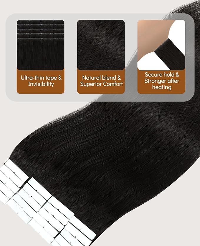 VINBAO Injected Tape in Hair Extensions Invisi Edge Extensions Tape in Human Hair 60g 22in 20pcs Off Black Pro Virgin Hair Invisible Thick Ends 22inch #1B