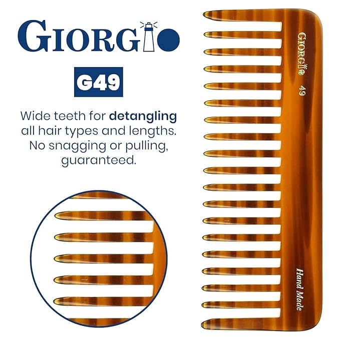 Giorgio G49 Large 5.75 Inch Hair Detangling Comb, Wide Teeth for Thick Curly Wavy Hair. Long Hairs Detangler Comb For Wet and Dry. Handmade of Cellulose, Saw-Cut, Hand Polished, Tortoise Shell 3 Pack