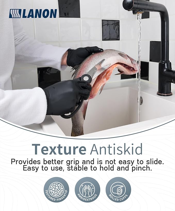 LANON Protection Food Safe Disposable Nitrile Gloves, Latex-Free, Powder-Free, Silicone-Free, Textured Fingertips, Cooking, Black，Large