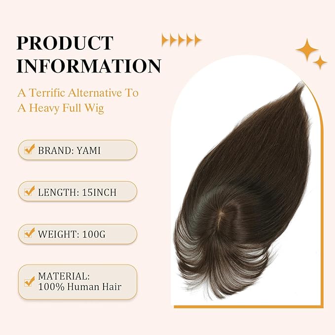 YAMI Hair Toppers for Women Real Human Hair Topper with Bangs Skin Scalp Hairpieces for Women with Thinning Hair Cover Hairloss (Medium Brown,15inch)