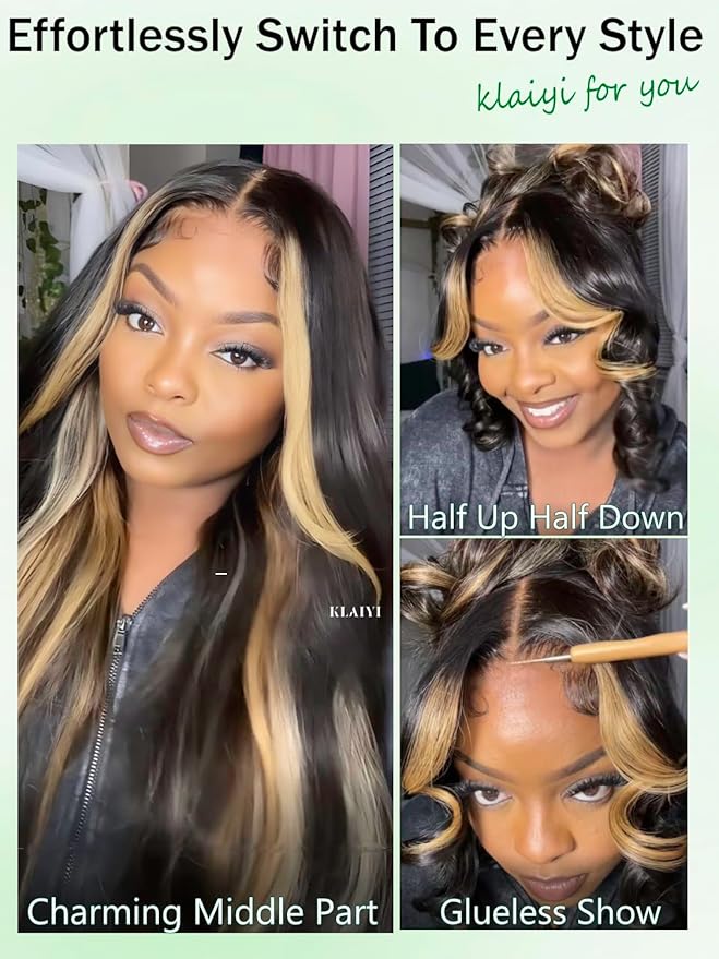 KLAIYI Ombre Highlight Blonde Loose Body Wave Bye Bye Knots Glueless Wigs Human Hair 7x5 Precut Lace Front Pre Plucked Bleached Ready to Wear Go Wig with Face Framing Curtain Bang Caramel Brown 16Inch