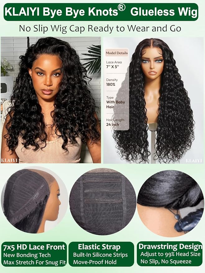 KLAIYI Bye Bye Slip™ Water Wave 7X5 Precut Lace Front Human Hair Wig Drawstring Glueless 3S Ready to Wear and Go Wig with Baby Hair Pre Plucked Bleached Bye Bye Knots Curly Wig 180%Density Full 26Inch