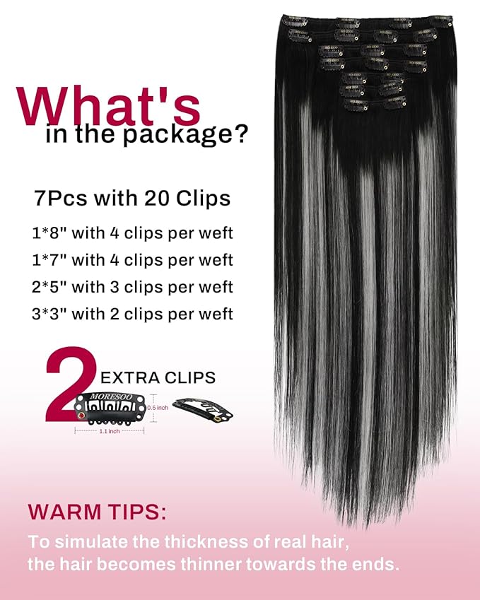 Moresoo Clip in Hair Extensions Remy Double Weft Human Hair Clip in Extensions Straight Balayage Hair Extensions for Women Ombre Black Mixed with Silver Grey 7pcs 135g 18inch