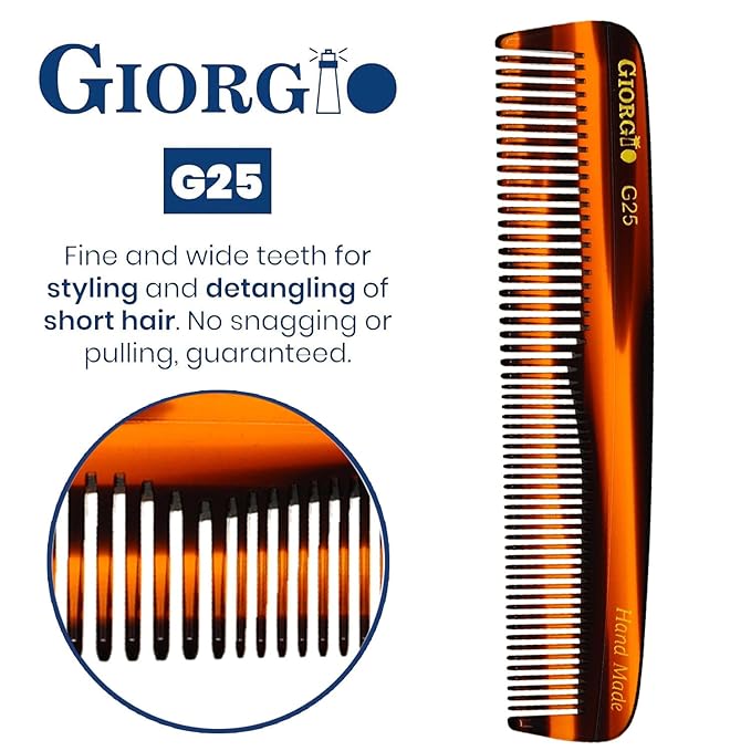 Giorgio G25 FineTooth and WideTooth Pocket Comb - Hair Styling Comb for Men and Women, Handmade Beard Combs for Men, Barber Combs, for Grooming,Saw Cut and Polished (Tortoiseshell)