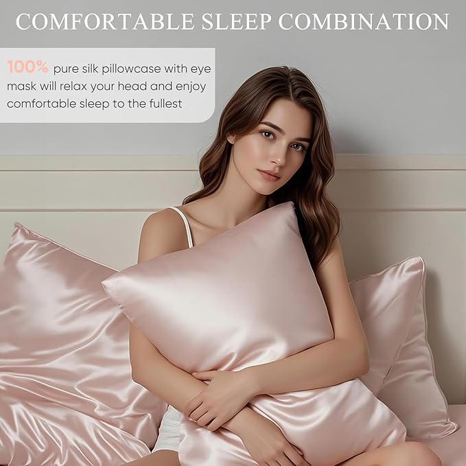 100% Mulberry Silk Pillowcase 22 Momme (SGS Certified) with Free Silk Eye Mask - Luxury Gift-Ready Folded Packaging, Cooling Pillow Cover for Hair & Skin Care (Pink, Standard (1 Pack))