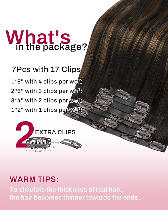 Moresoo Seamless Clip in Hair Extensions Balayage Seamless PU Weft Clip in Human Hair Extensions Ombre Dark Brown Mixed Chestnut Brown 7pcs 120g 22inch