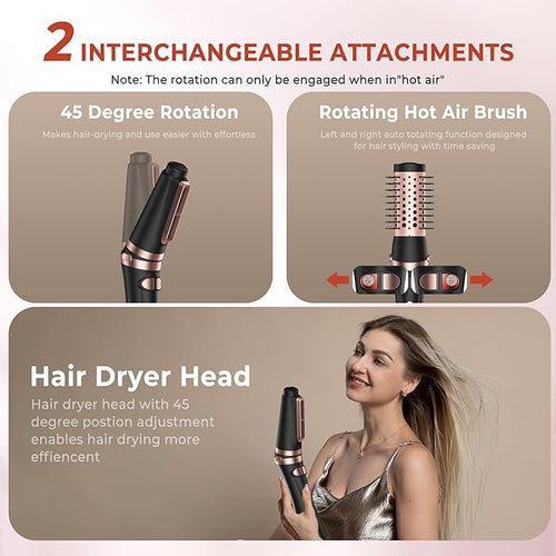 2 in 1 Rotating Hair Dryer Brush, Thermal Blow Brush Set Auto Rotating 360° Drying, Oval Volumizer Detachable Heated Hot Air Brush for Curling Volumizing & Drying Hair (Black)