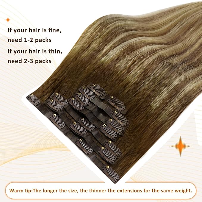 Full Shine Clip in Human Hair Extensions Balayage Seamless Clip ins Brown to Caramel Blonde and Platinum Blonde and Light Brown Hair Extension Clip ins 16 Inch 8 PCS 120 G