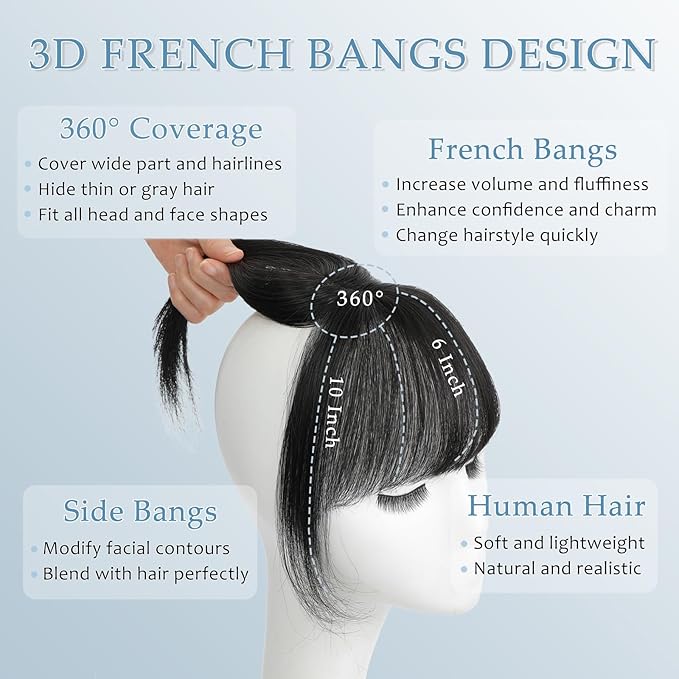 Clip in Bangs Real Human Hair 360° Cover French Bangs Black Bangs Hair Clip 3D Fake Bangs with Fringe Hairpieces for Women Daily Wear
