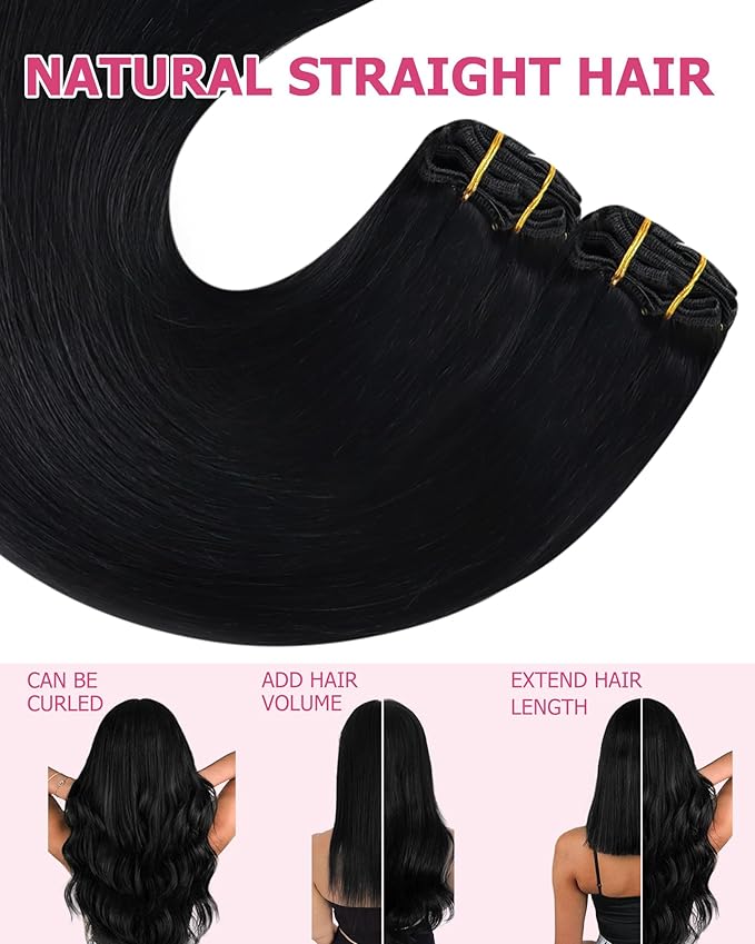 YoungSee 150G Clip in Hair Extensions Real Human Hair Jet Black Clip Hair Extensions Human Hair Black Invisible Clip in Extension Remy Hair Silky Straight for Women 20Inch 7Pcs