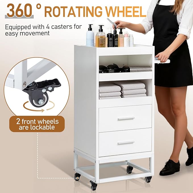 Winado Beauty Salon Trolley Cart, Rolling Hair Cart with Lockable Wheels, 2 Drawers, 3 Tool Holders, Mobile Makeup Organizer Station Cabinet for Hair Stylist Beauty Spa Barbershop, White