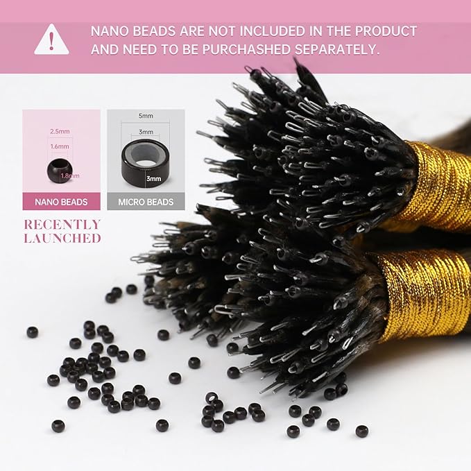 YoungSee Nano Ring Hair Extensions Human Hair Balayage Nano Link Hair Extensions Remy Hair 22Inch Nano-Bead Extension Dark Brown with Caramel Blonde Human Hair Extensions Nano-Tip 50G/50S