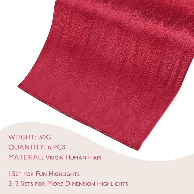 WENNALIFE Red Clip in Hair Extensions Real Human Hair 35g 6pcs 16 Inch Colored Hair Extensions for Kids Women Colorful Hair Pieces Pop-up Style Straight Extensiones De Cabello Humano Con Clip