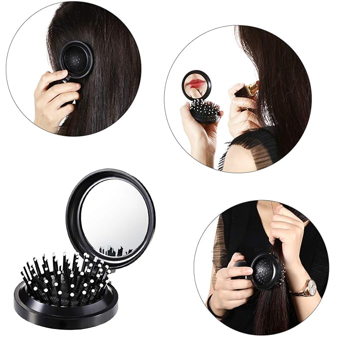 Boao 2 Pack Foldable Travel Mirror Hair Brushes Round Portable Folding Pocket Hair Brush Mini Comb Compact Travel Size Massage Comb for Men Women(Black)