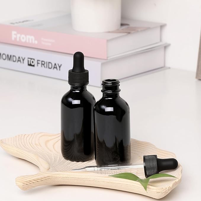 2oz Glass Dropper Bottle,Preety Texture Tincture Bottles with Precise Scales Eye Droppe,for All Kinds Of Mixed Liquids,Leak-Proof Design for Easy Travel (Black-24Pack)