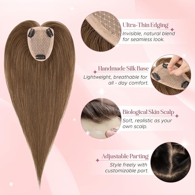 Real Human Hair Toppers for Women 3.54"*4.72" Silky Base 150% Density No Bangs Adjustable Parting Clip-In Topper Hairpieces for Women with Thinning Hair 14 Inches Medium Brown
