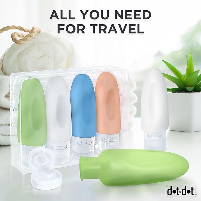 Dot&Dot Leak Proof Travel Bottles - TSA Approved 3oz Silicone Toiletries Travel Shampoo & Conditioner Containers with Labels