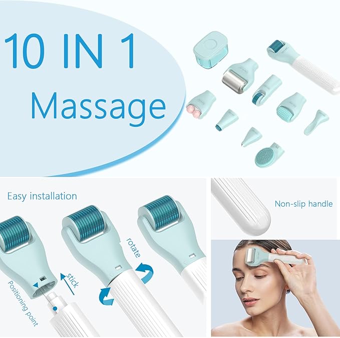 10 in 1 Derma Roller Kit for Face and Body-Face Roller&Face Brush，0.25mm Microneedling Pen MicroneedleRoller, Facial Beauty Roller Skin Care Tools with 10 Replaceable Heads and Storage Case