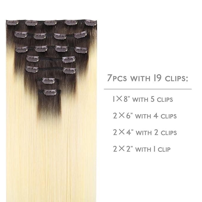 WENNALIFE Clip in Hair Extensions, 22 Inch 120g 7pcs Clip in Hair Extensions Real Human Hair, Ombre Light Dark Brown to Platinum Blonde Remy Hair