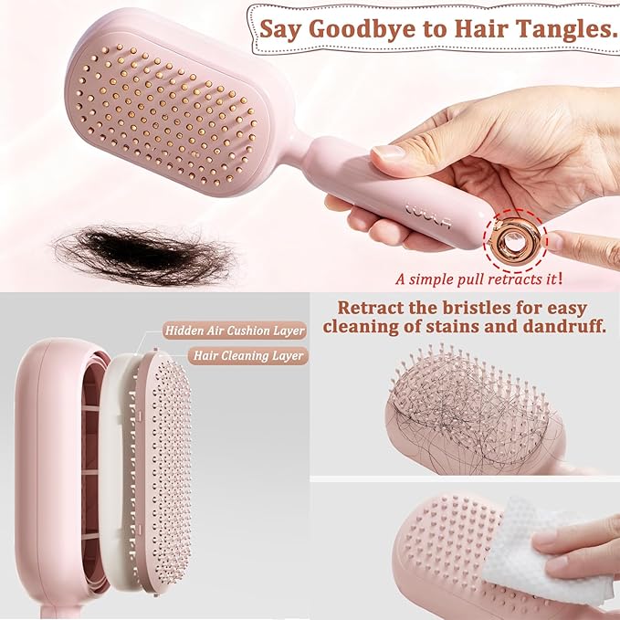 Retractable Cushion Massage Comb Brush, Pull Ring Cushion Massage Brush, Anti-Static Easy-Clean Massage Comb, Portable Travel, Smooth Clean Detangling Comb for All Hair Types(Pink)