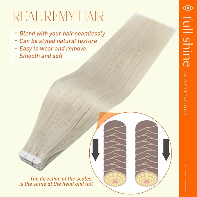 Full Shine Blonde Tape in Hair Extensions Human Hair 20 Inch Real Human Hair Tape in Extensions Color 1000 Adhesive Glue in Hair Extension 40 Pcs 100 Gram Double Sided Tape ins Human for Women