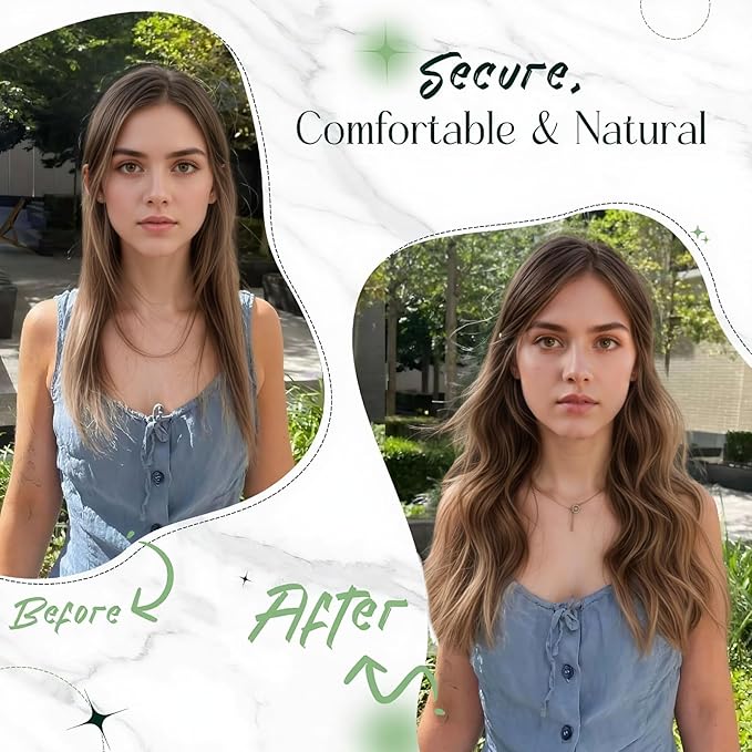 RUNATURE Secret Wire Hair Extensions, Invisible Human Hair Extensions with Transprent Fish Line Extensions, Straight Remy Natural Hair for Women, Tangle-free, 12 Inch 70g #8P24 Brown Highlight Blonde
