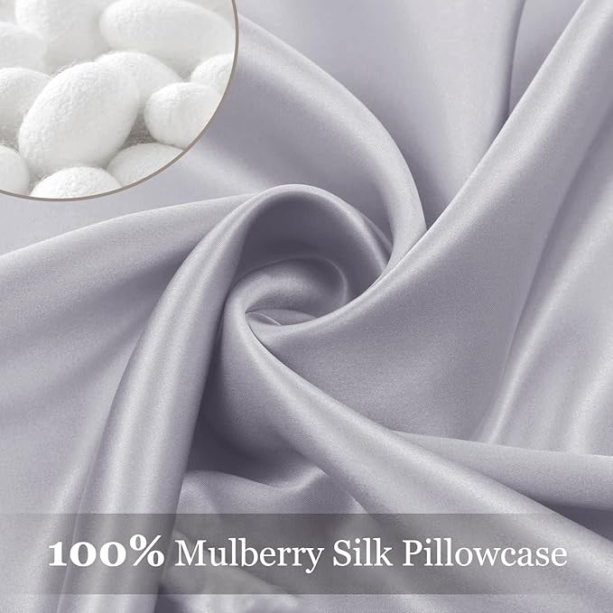 Adubor Silk Pillowcase 2 Pack for Hair and Skin with Hidden Zipper, Both Sides 23 Momme Silk Pillow Case (Silver Gray, Queen: 20''X30'')