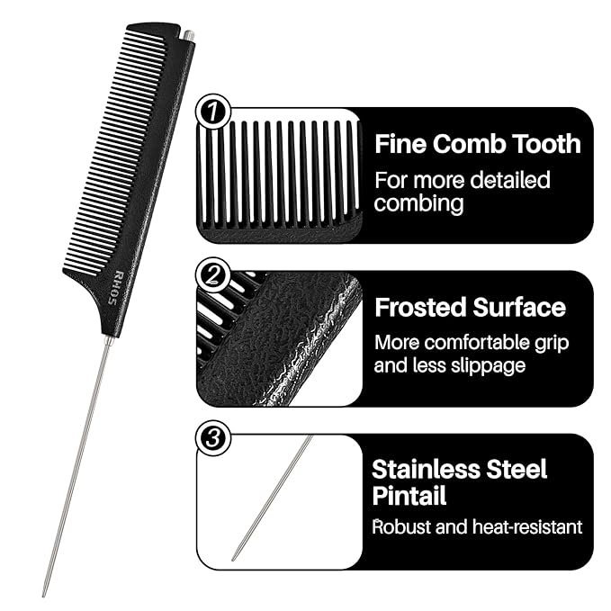 RHOS Carbon Retractable Rat Tail Comb for Parting and Styling, Hair Cutting and Braiding - Stainless Steel Pin Tail Comb, Black
