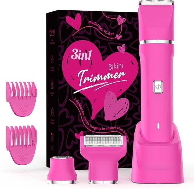 Electric Razors for Women - IPX7 Waterproof Pubic Hair Remover for Shower & Travel, 3-in-1 Bikini Trimmer with Body/Round/Curved Heads, Hypoallergenic Foil & Ceramic Blades, Self-Care Gifts for Her
