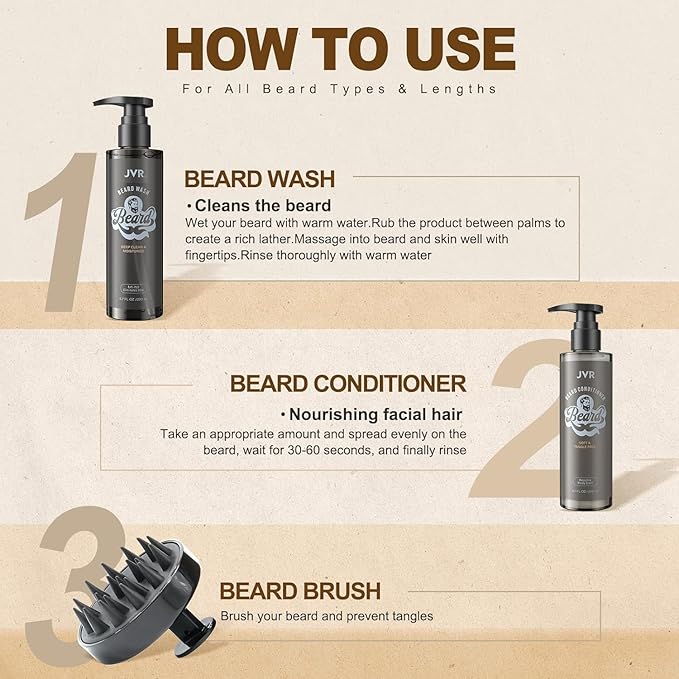 JVR Beard Wash and Beard Conditioner for Men, Beard Shampoo Cleanse and Reduces Frizz, Soften & Strengthens, Organic with Coconut, Aloe, Provides Shine for Dry & Coarse Beards, Beard Care (6.7oz)