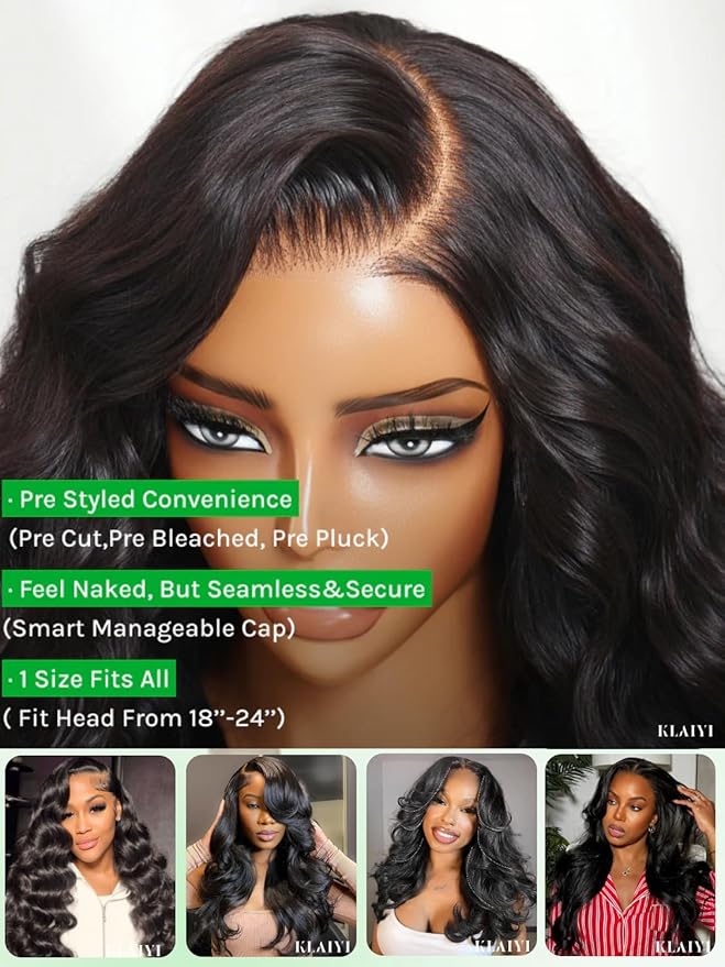 KLAIYI Loose Body Wave Pre Everything Glueless 13x4Lace Front Wig Human Hair Drawstring Precut Lace Pre Plucked Bleached Bye Bye Knots 3S Ready to Wear and Go Wig with Face Framing Curtain Bang 24Inch